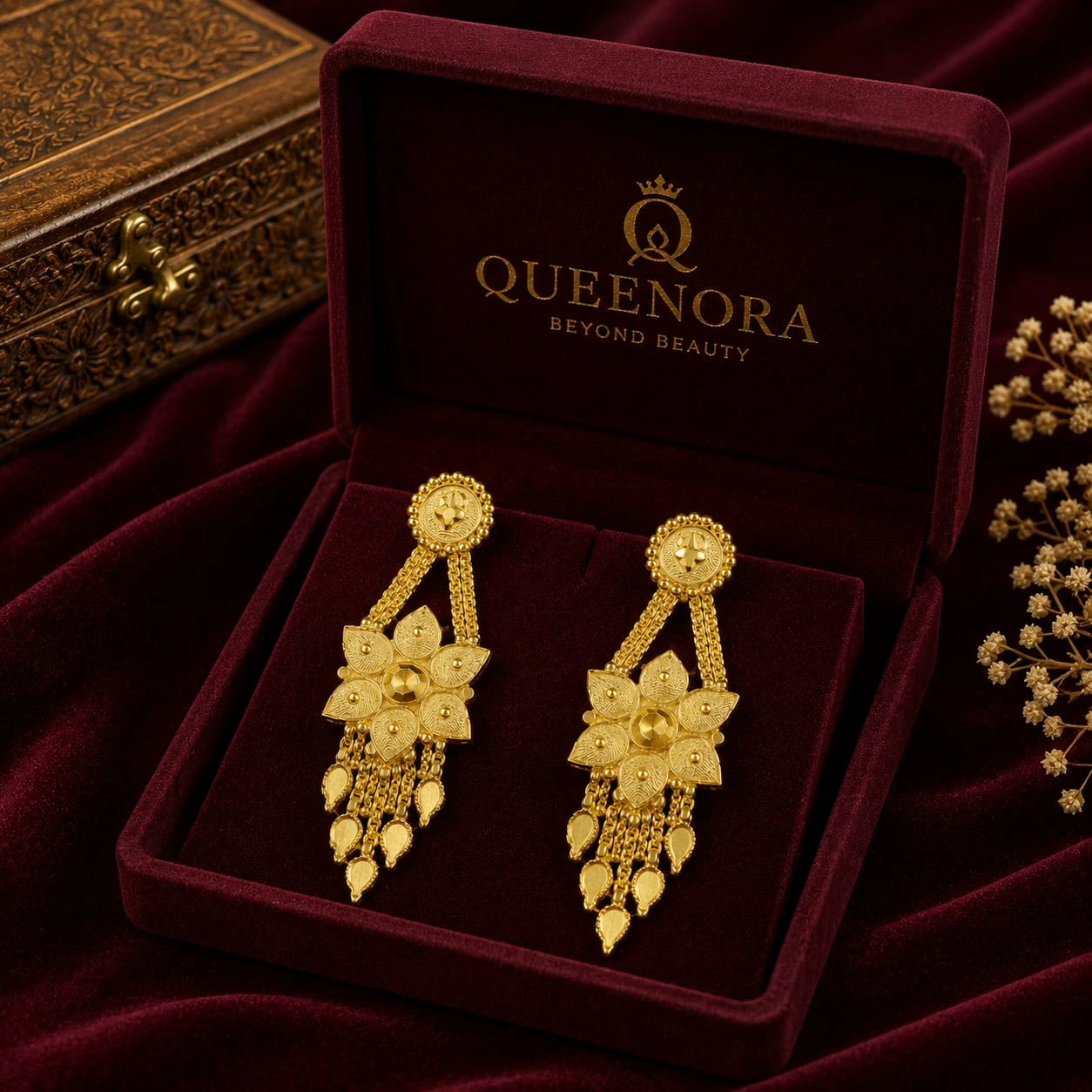 Gold Floral Drop Earrings | Traditional Statement Jewellery - Image 2