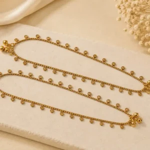 Gold-tone traditional payal featuring delicate chainwork and evenly spaced circular coin-style charms, arranged on a cream stone display with soft beige satin fabric and dried flowers in the background.