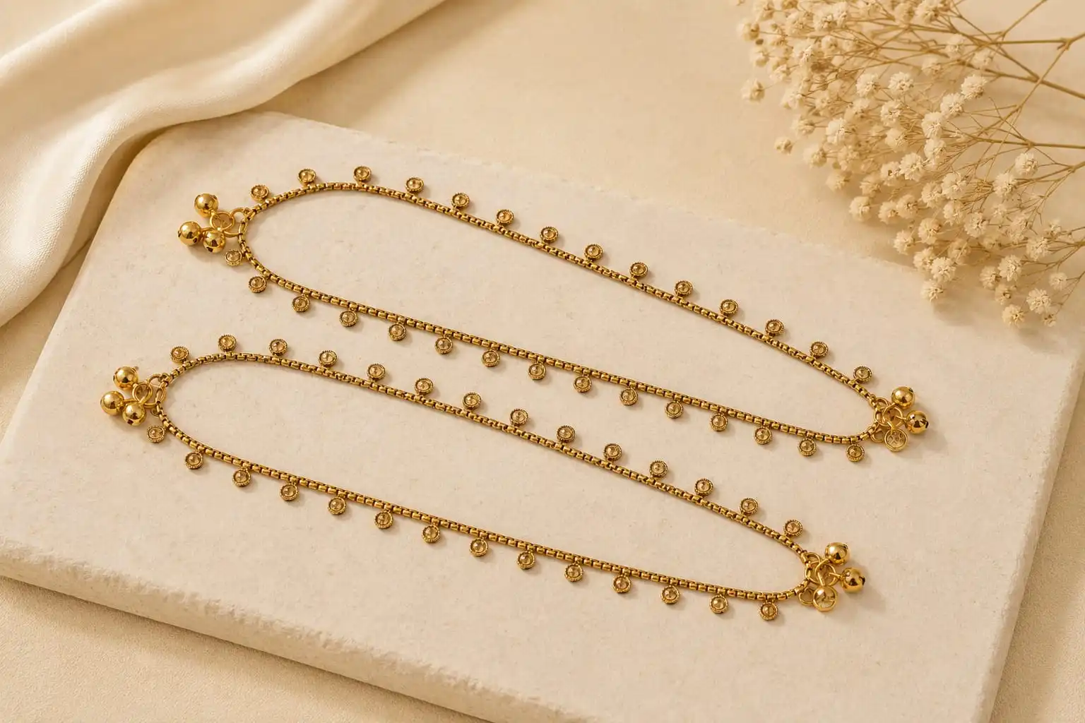 Gold-tone traditional payal featuring delicate chainwork and evenly spaced circular coin-style charms, arranged on a cream stone display with soft beige satin fabric and dried flowers in the background.