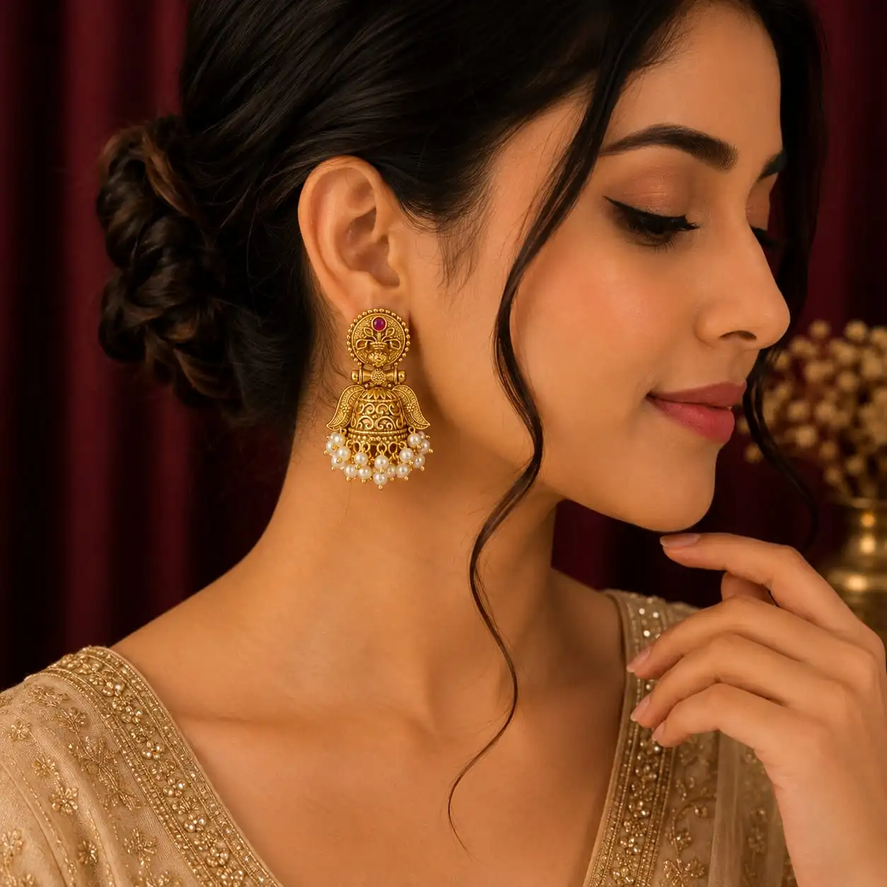 Royal Ruby Jhumka Earrings with Pearl Bead Fringe - Image 3