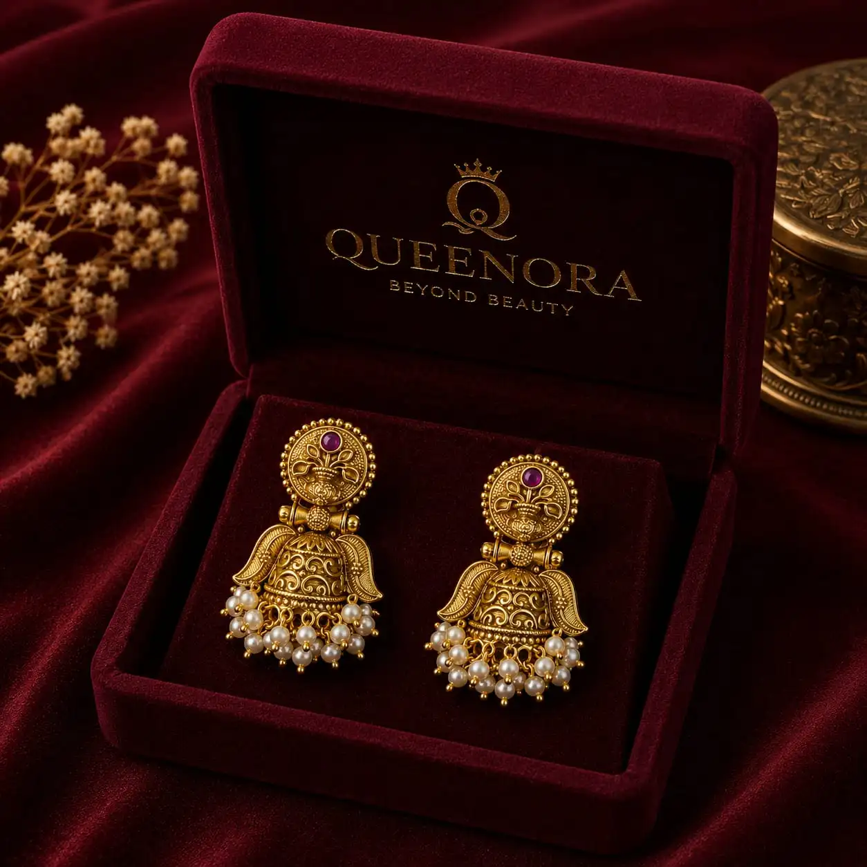 Royal Ruby Jhumka Earrings with Pearl Bead Fringe - Image 2