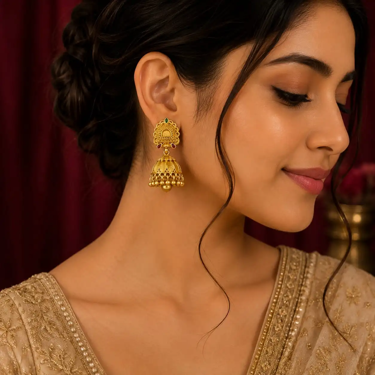 Traditional Gold Jhumka Earrings - Image 3