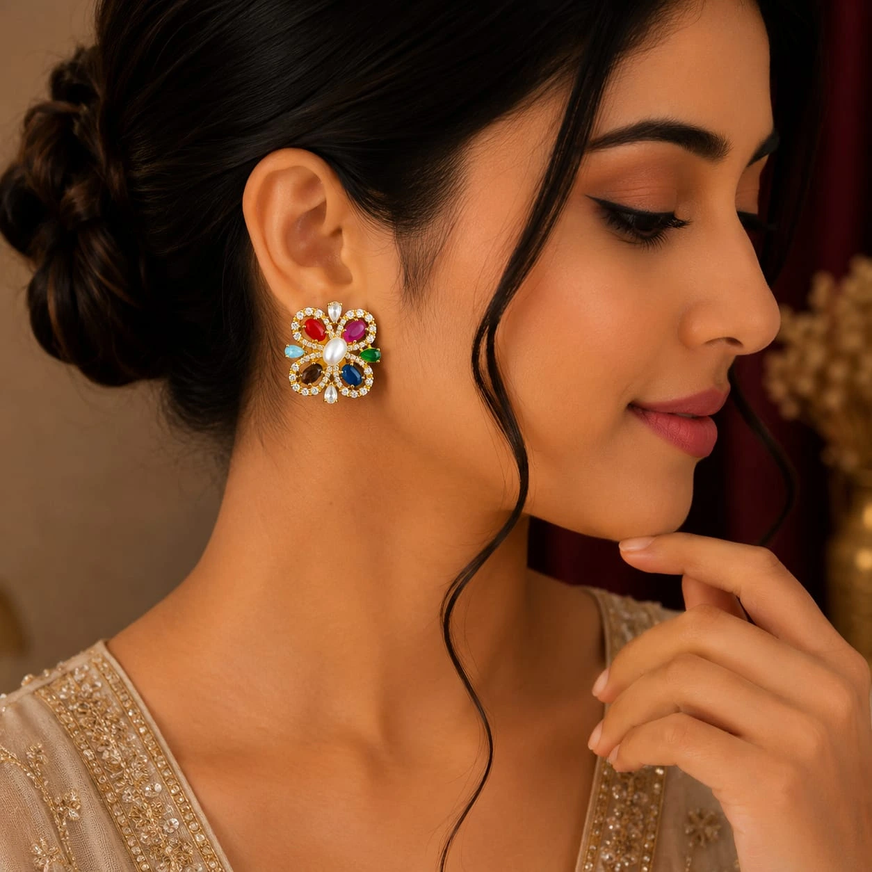 Multicolor Floral Stud Earrings - Image 3