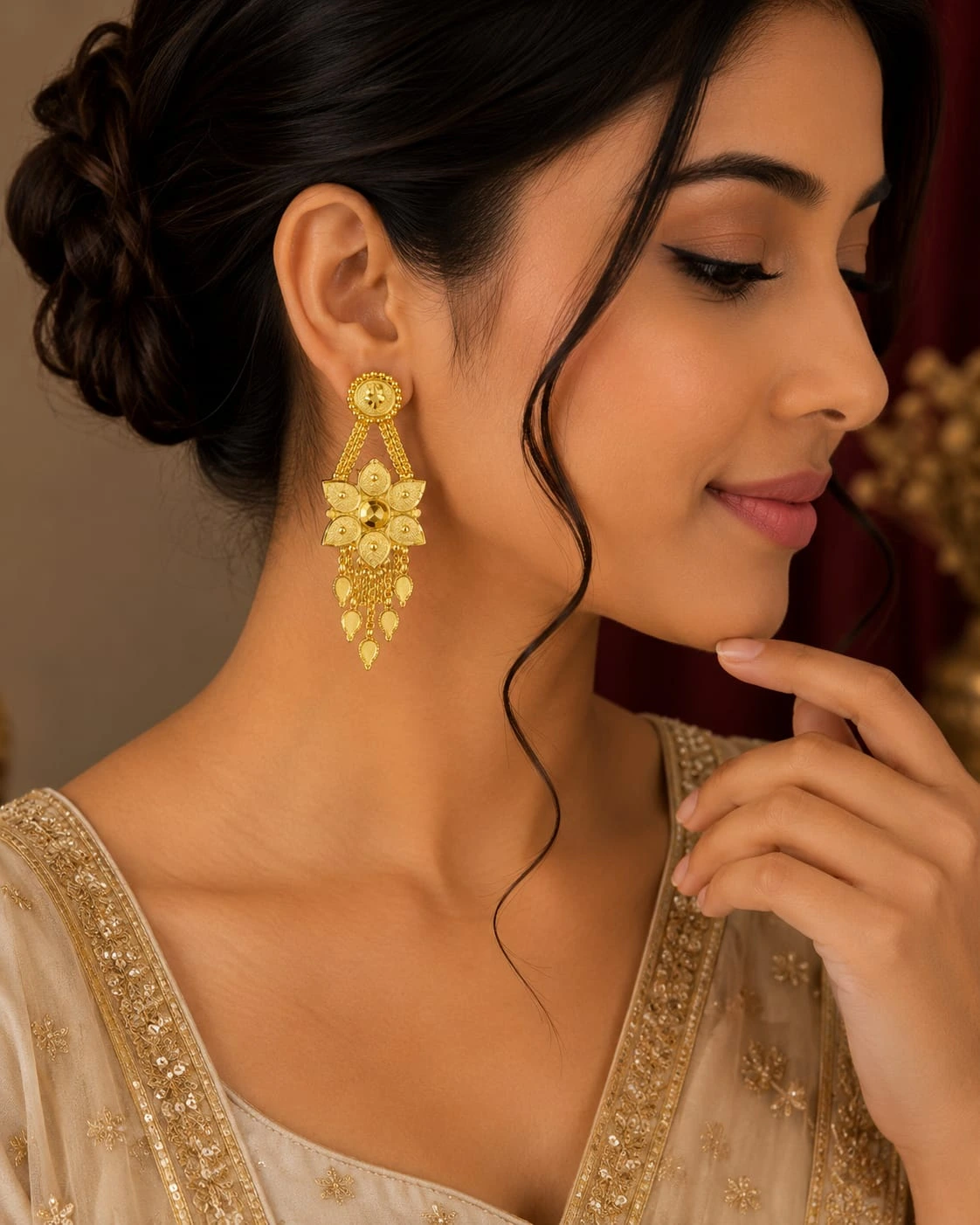 Gold Floral Drop Earrings | Traditional Statement Jewellery - Image 3