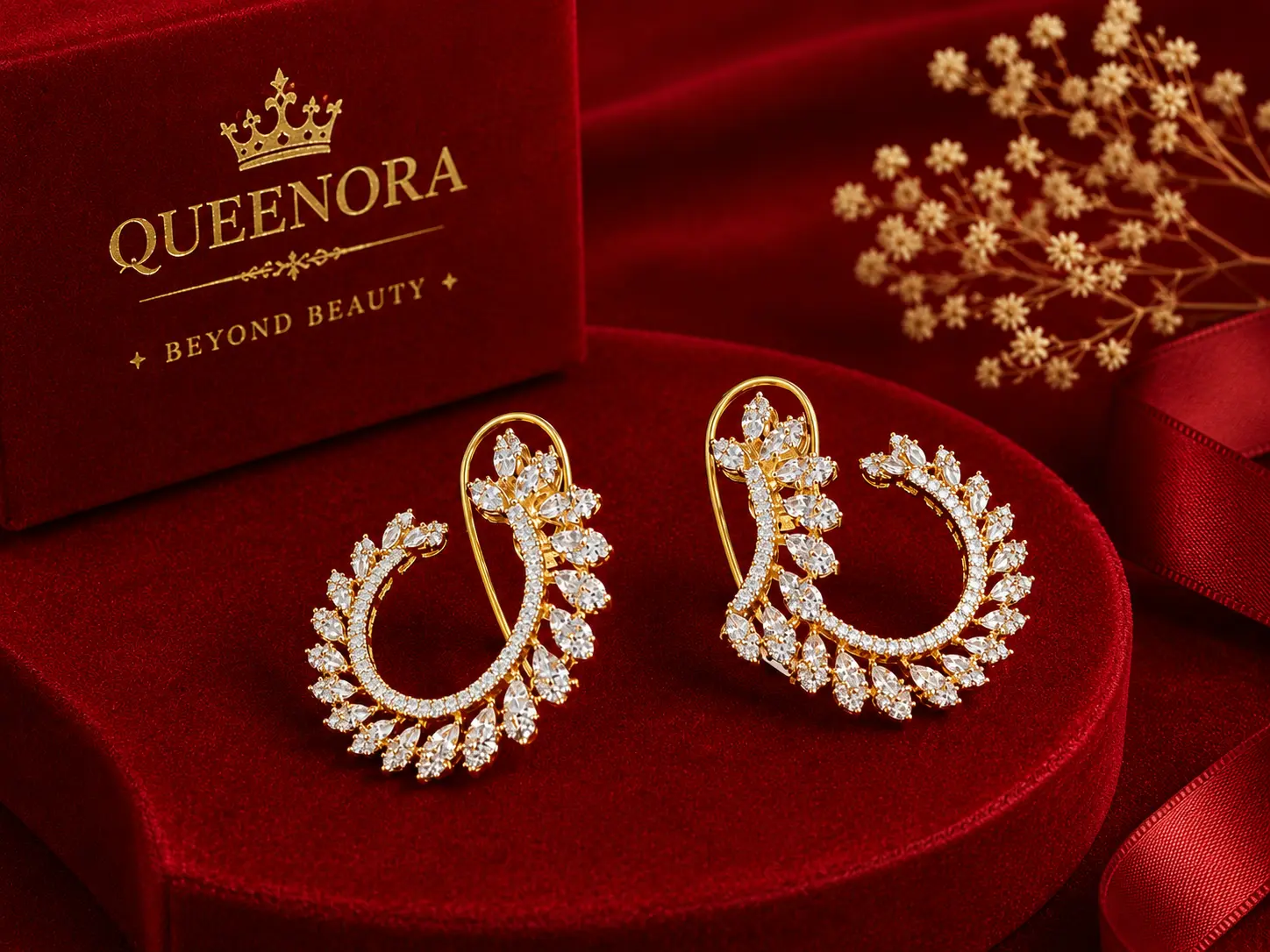 Gold-tone floral hoop earrings with sparkling leaf-shaped stone details displayed on a red velvet pedestal with luxury Queenora packaging and decorative accents.