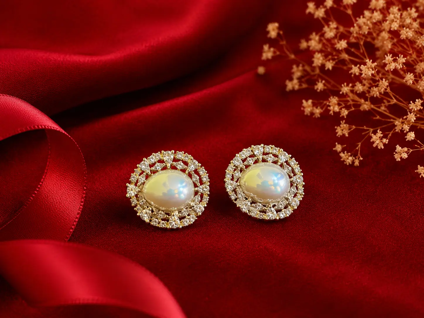 Pearl halo stud earrings with luminous oval centers and sparkling stone detailing displayed on rich red velvet with elegant jewelry box accents.