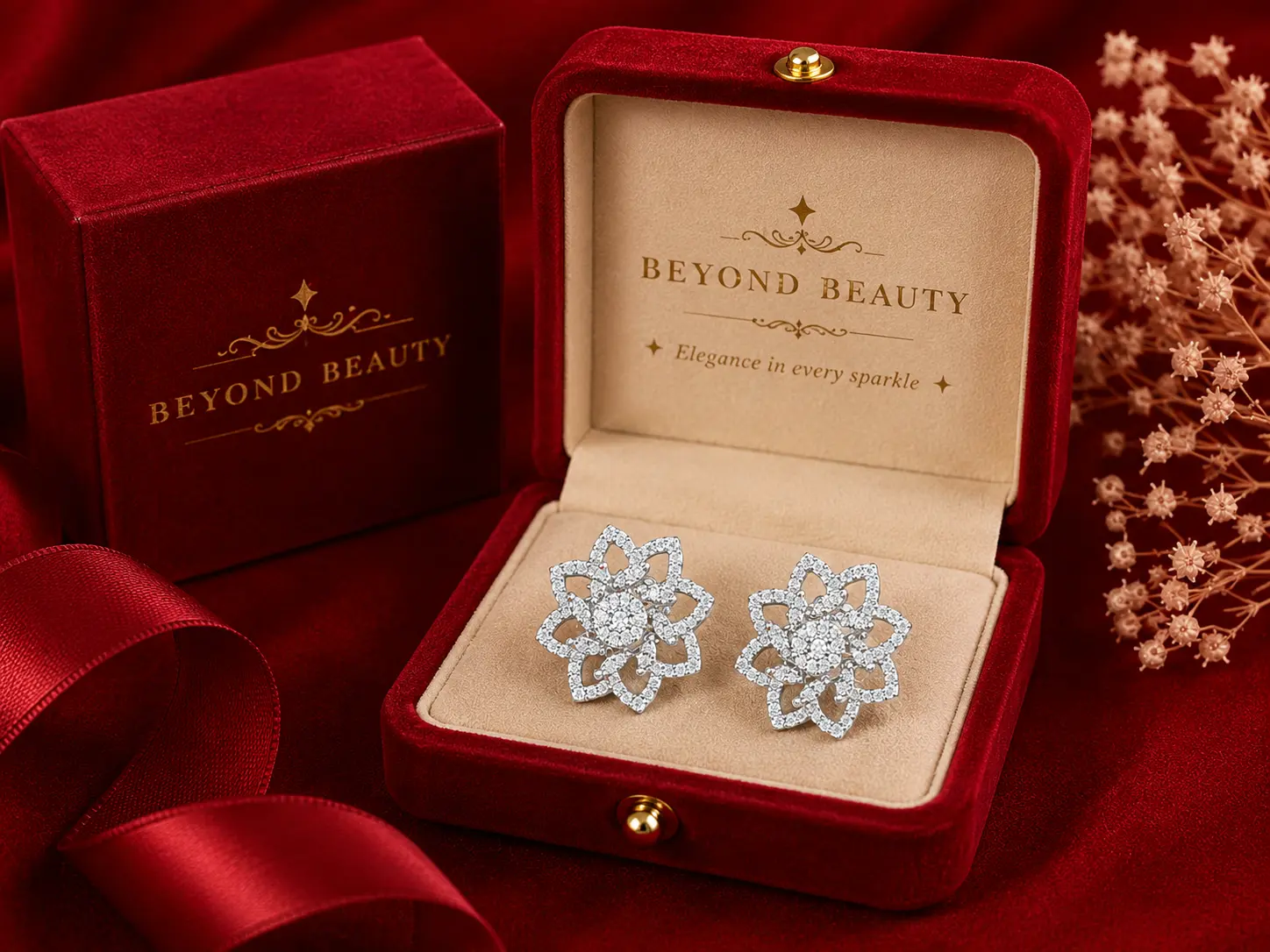 Silver Floral Crystal Stud Earrings - Image 2