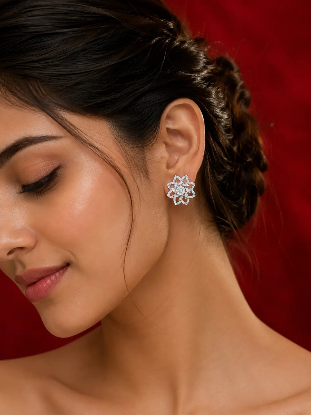 Silver Floral Crystal Stud Earrings - Image 3