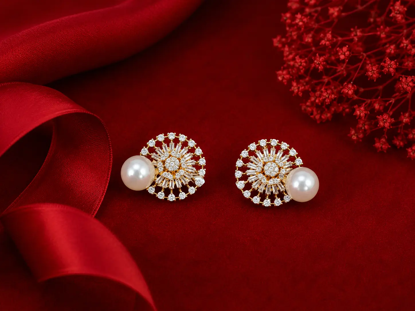Elegant gold-toned stud earrings featuring a circular sunburst design with sparkling clear stones and large white pearl accents, displayed on rich red velvet fabric with red floral elements in the background.
