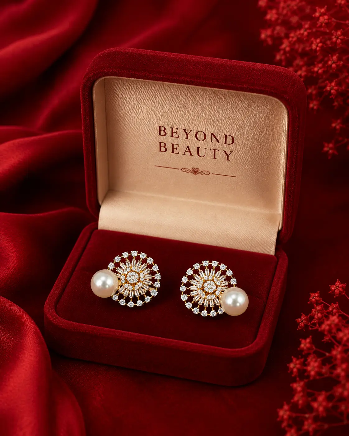 Pearl & Crystal Sunburst Stud Earrings for Women - Image 2