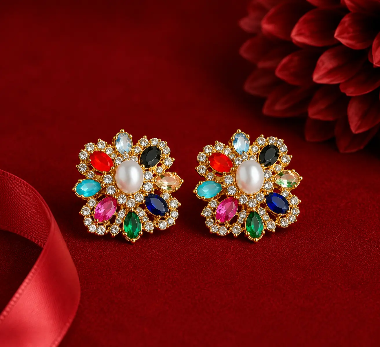 Queenora multicolour floral stud earrings with pearl centre and sparkling crystal detailing on red velvet