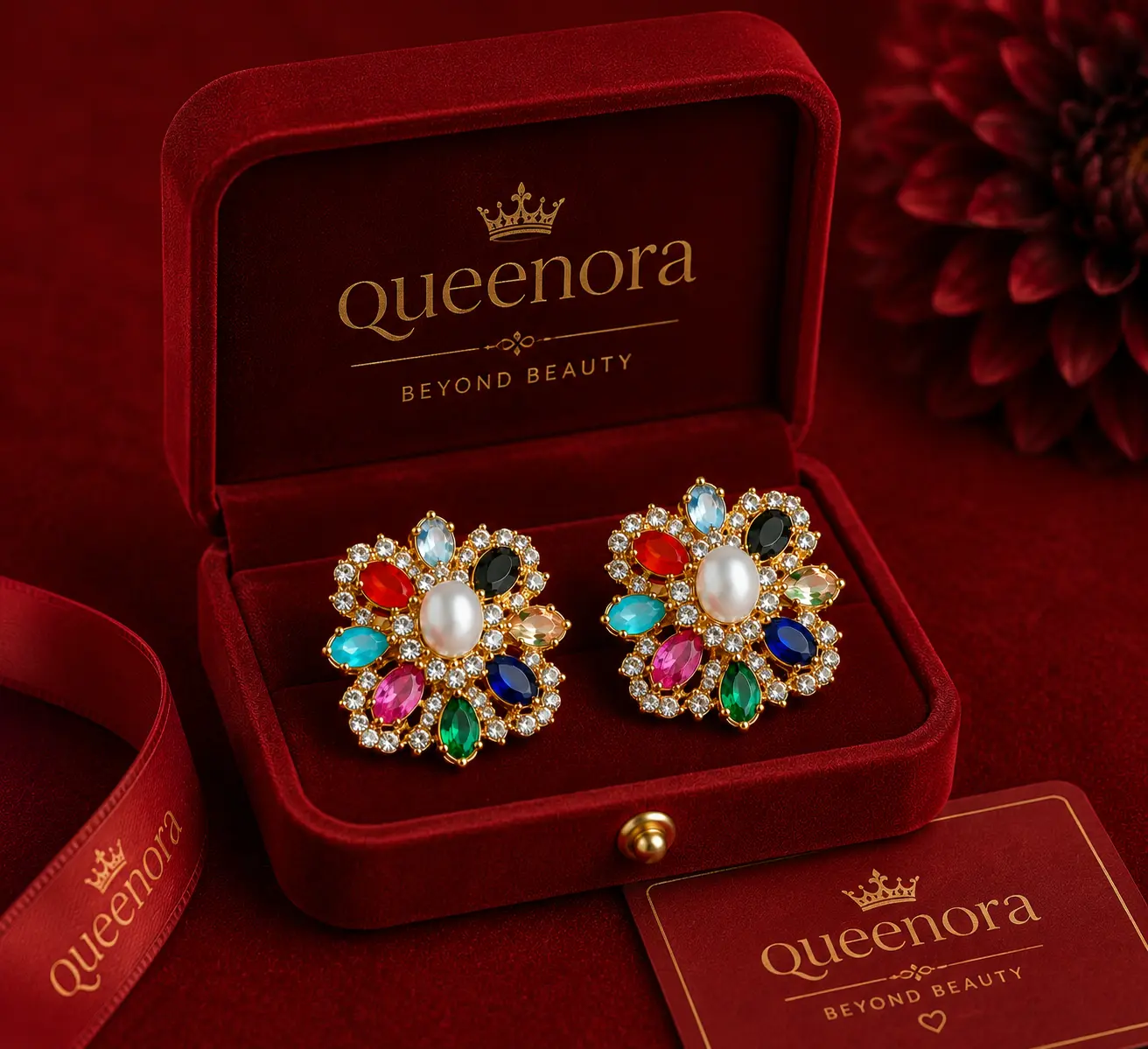 Multicolor Floral Stud Earrings - Image 2