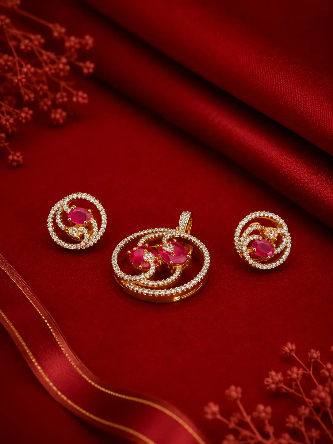 Gold-tone pink stone jewelry set with sparkling crystal detailing, including matching earrings and pendant.