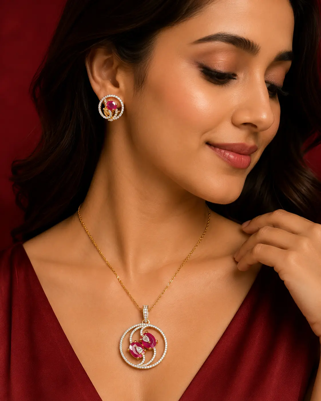 Gold-Tone Pink Stone Jewellery Set - Image 3