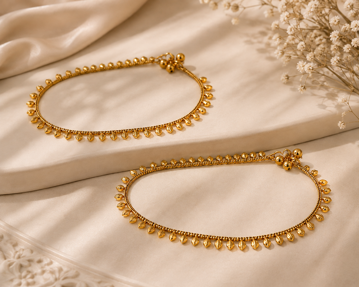 Gold-tone traditional payal with delicate chainwork and evenly spaced leaf-shaped dangling charms, displayed on soft cream fabric with a minimal elegant decorative background and dried flowers.