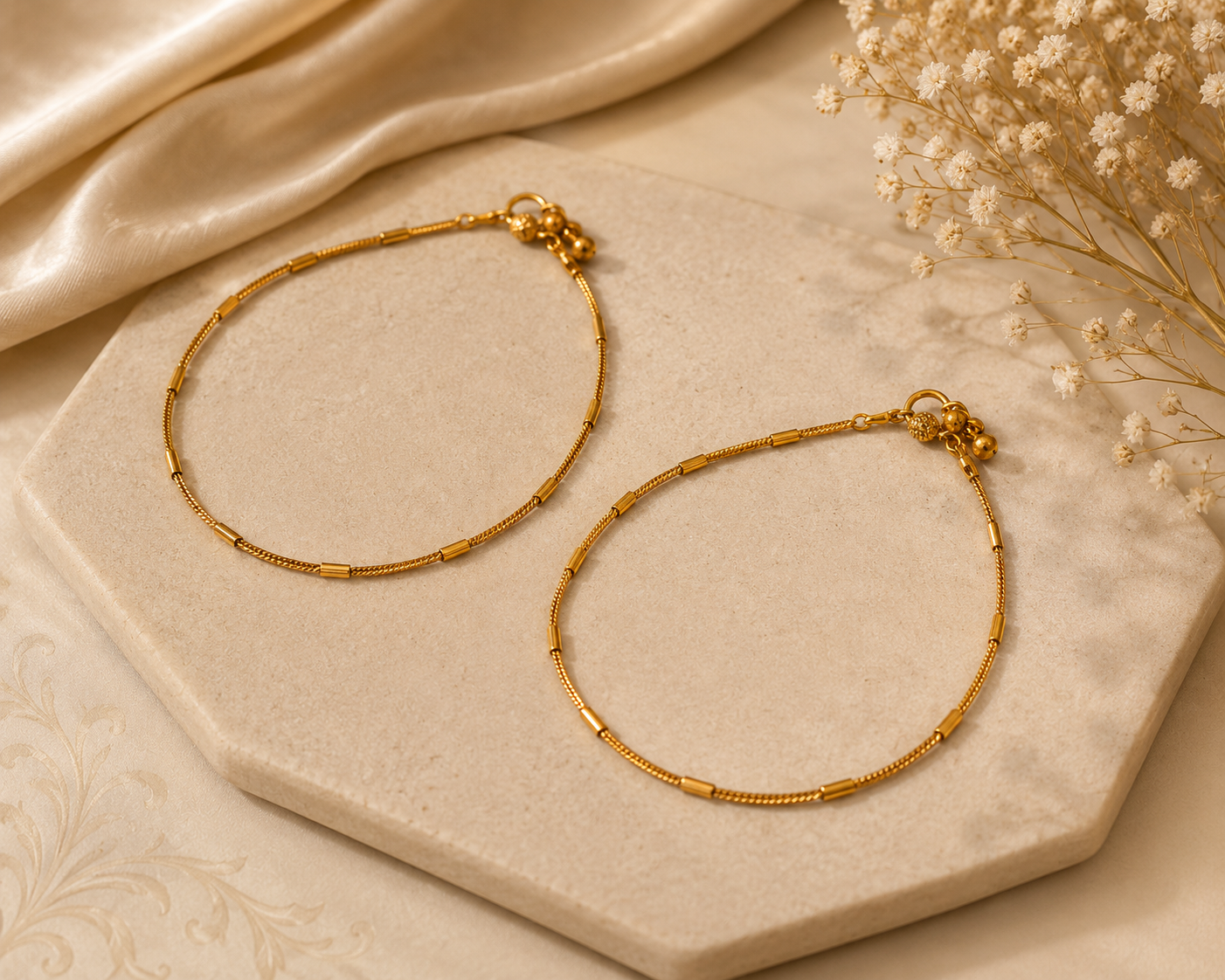 Gold-tone payal featuring a delicate chain with evenly spaced cylindrical tube-style details and small decorative clasp charms, showcased on a beige stone platform with soft satin fabric and dried flowers.