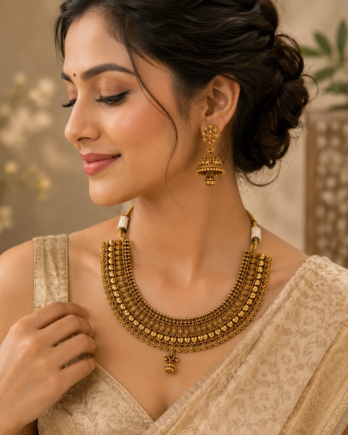 Royal Antique Gold Layered Necklace Set - Image 3