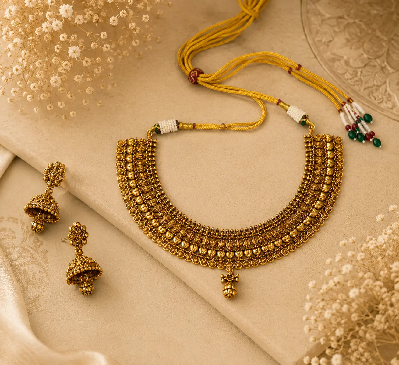 Queenora traditional antique gold-tone necklace and matching jhumka earrings displayed inside a luxurious deep-red velvet jewelry box with “Queenora – Beyond Beauty” branding and a soft beige-gold background.