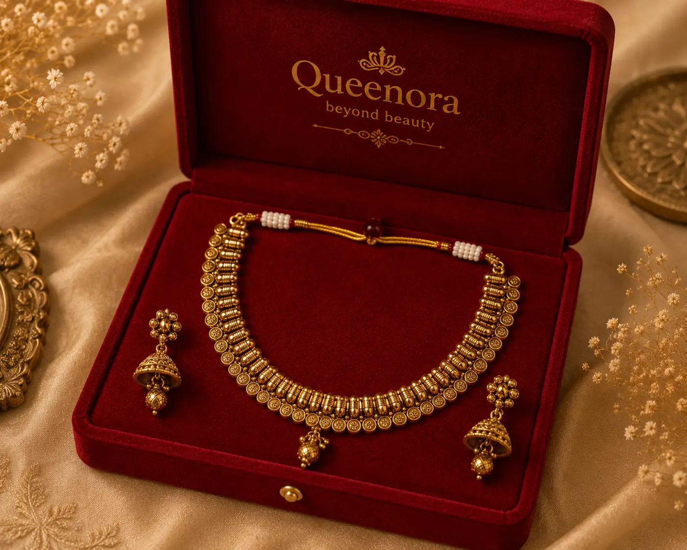 Elegant Gold-Tone Traditional Necklace Set with Jhumka Earrings - Image 2