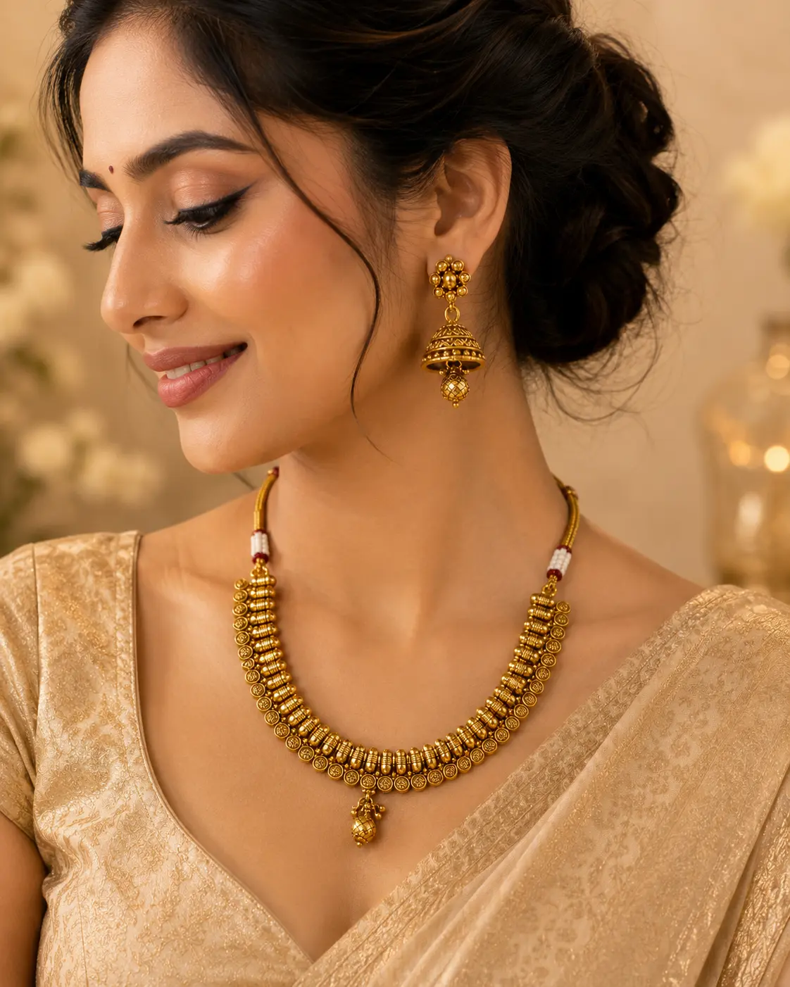 Elegant Gold-Tone Traditional Necklace Set with Jhumka Earrings - Image 3