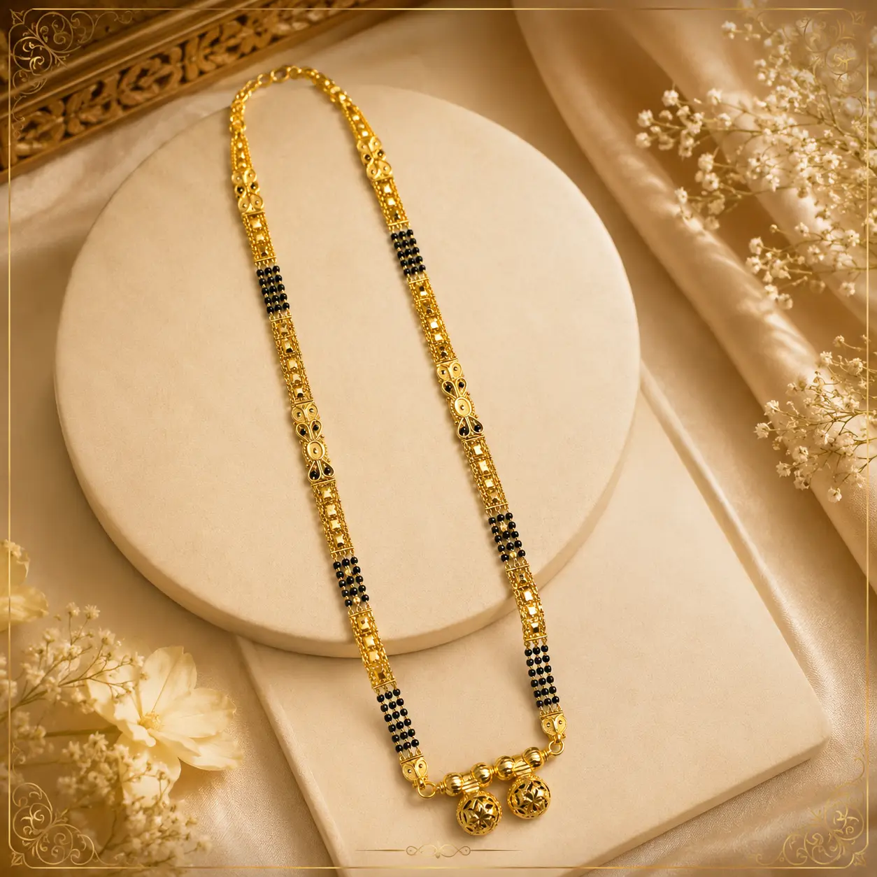 "Traditional gold-tone black beaded mangalsutra with intricate designer pendant displayed on a cream jewellery stand"