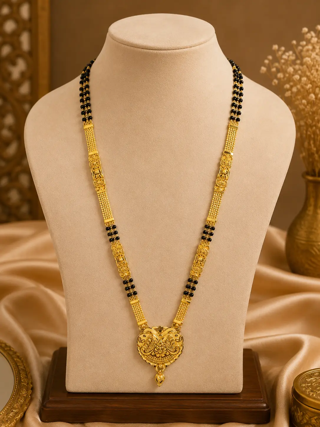 Gold-tone traditional black bead necklace displayed on a cream jewellery mannequin, featuring intricate ornamental detailing, a large decorative central pendant and elegant layered chainwork against a warm beige background.