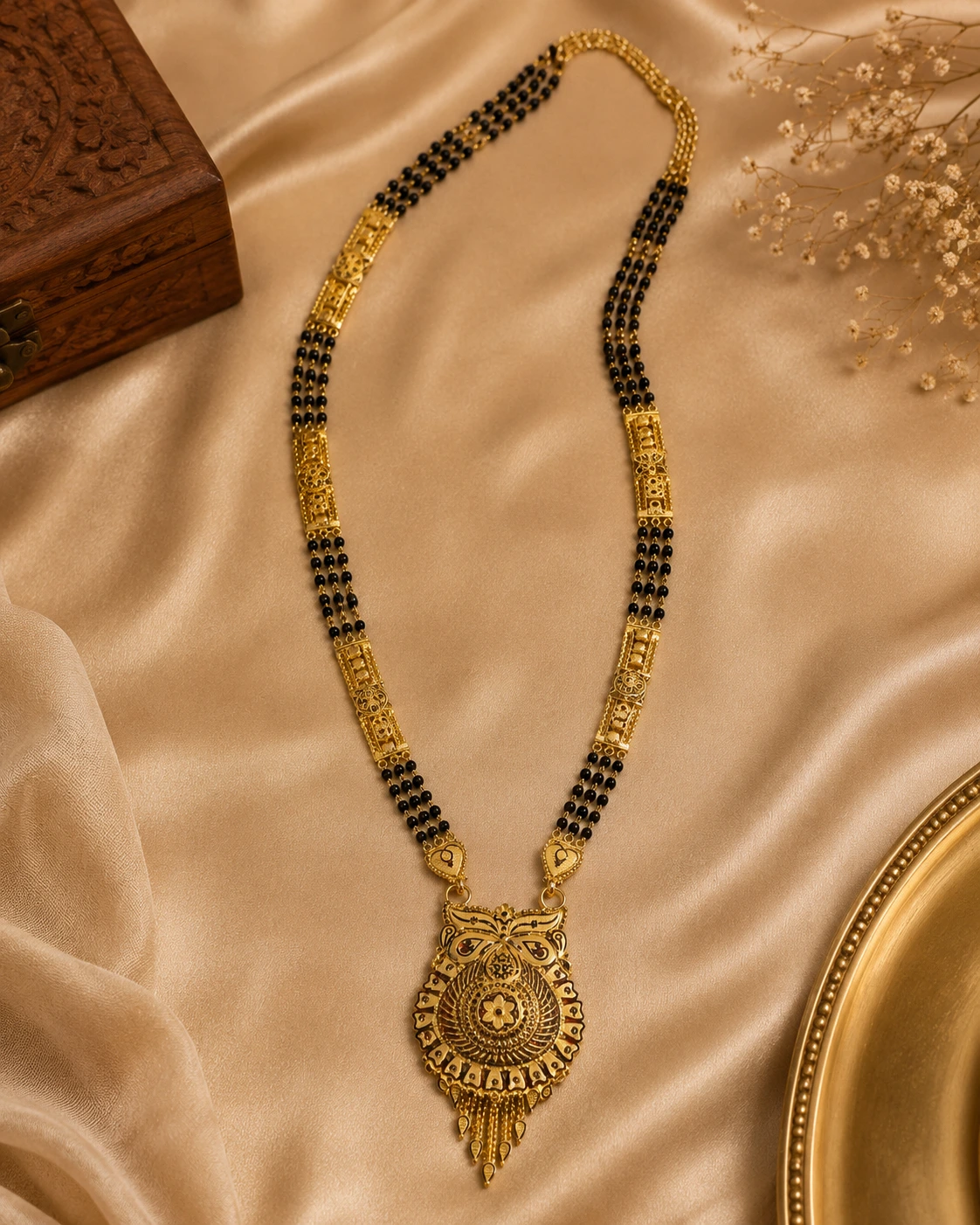 Gold-tone black beaded traditional necklace displayed on champagne-colored satin, featuring intricate ornamental detailing, decorative gold panels, and an ornate central pendant with layered hanging elements.