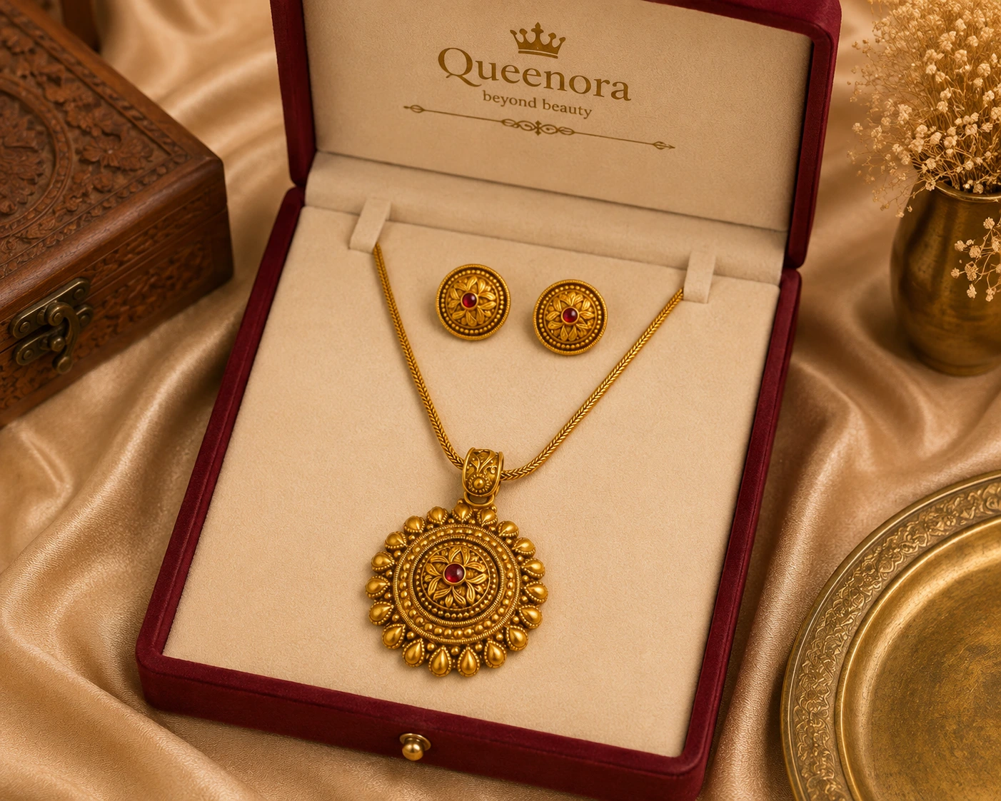 Elegant Gold-Tone Floral Pendant Necklace Set | Queenora - Image 2