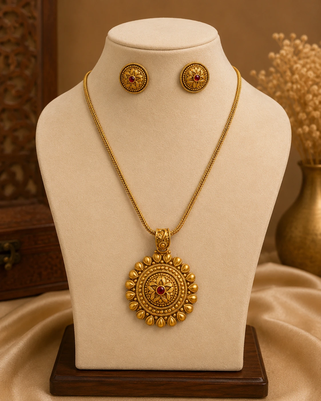 Gold-tone floral pendant necklace set displayed on a cream jewellery mannequin, featuring a large circular pendant with intricate floral detailing and red centre stone, paired with matching round stud earrings against a warm beige background.