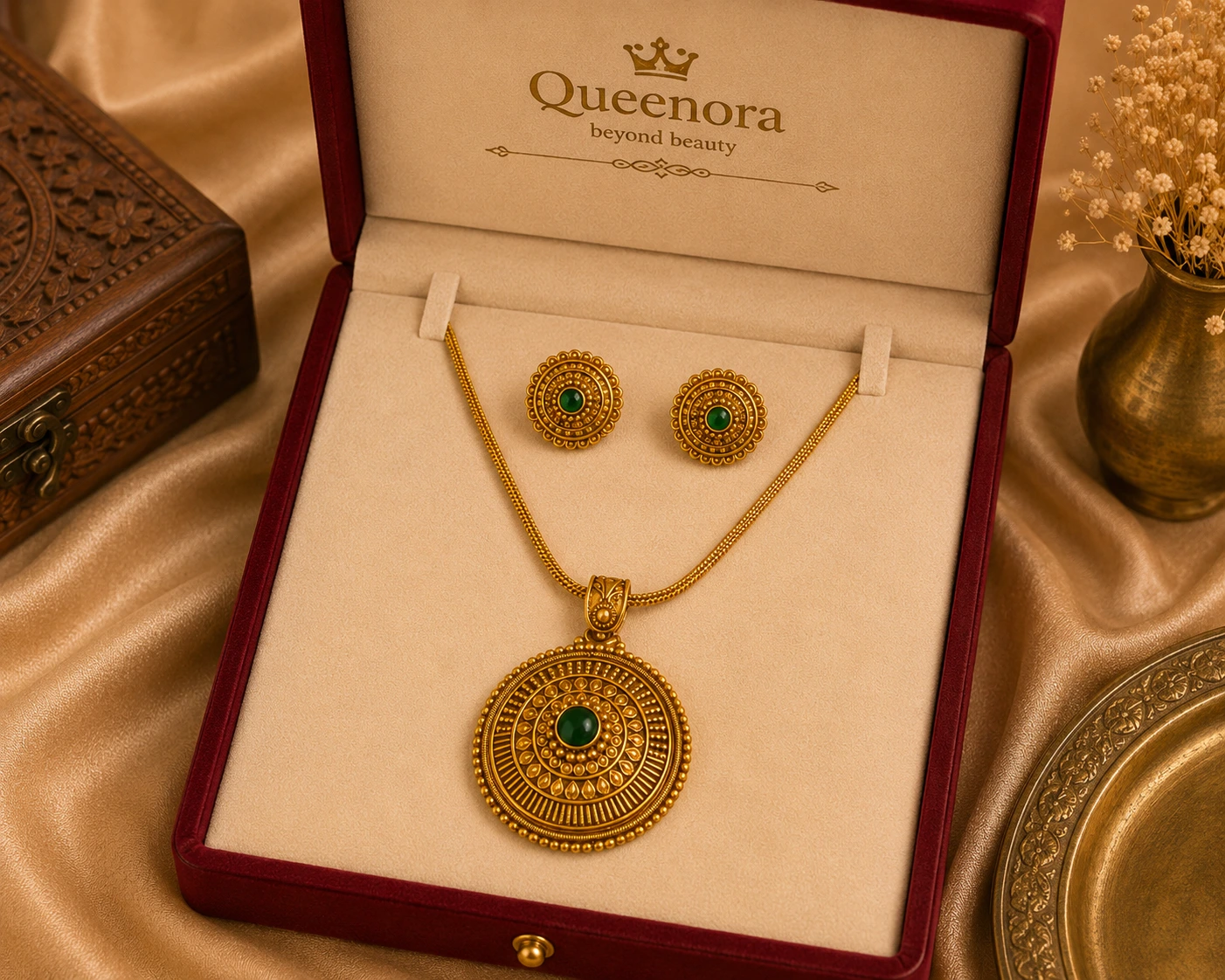 Gold-Tone Green Stone Floral Necklace Set for Women - Image 2