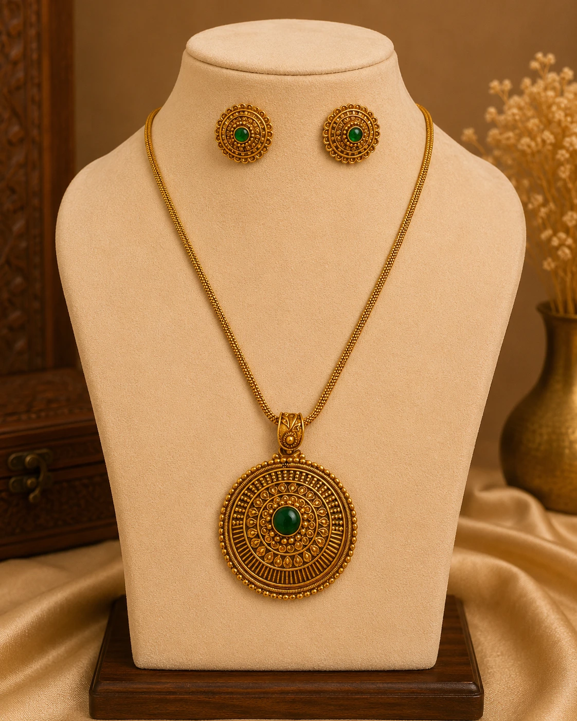 Gold-tone traditional necklace set displayed on a cream jewellery mannequin, featuring a large circular pendant with intricate floral detailing and a green centre stone, paired with matching round green-stone earrings against a warm beige background.