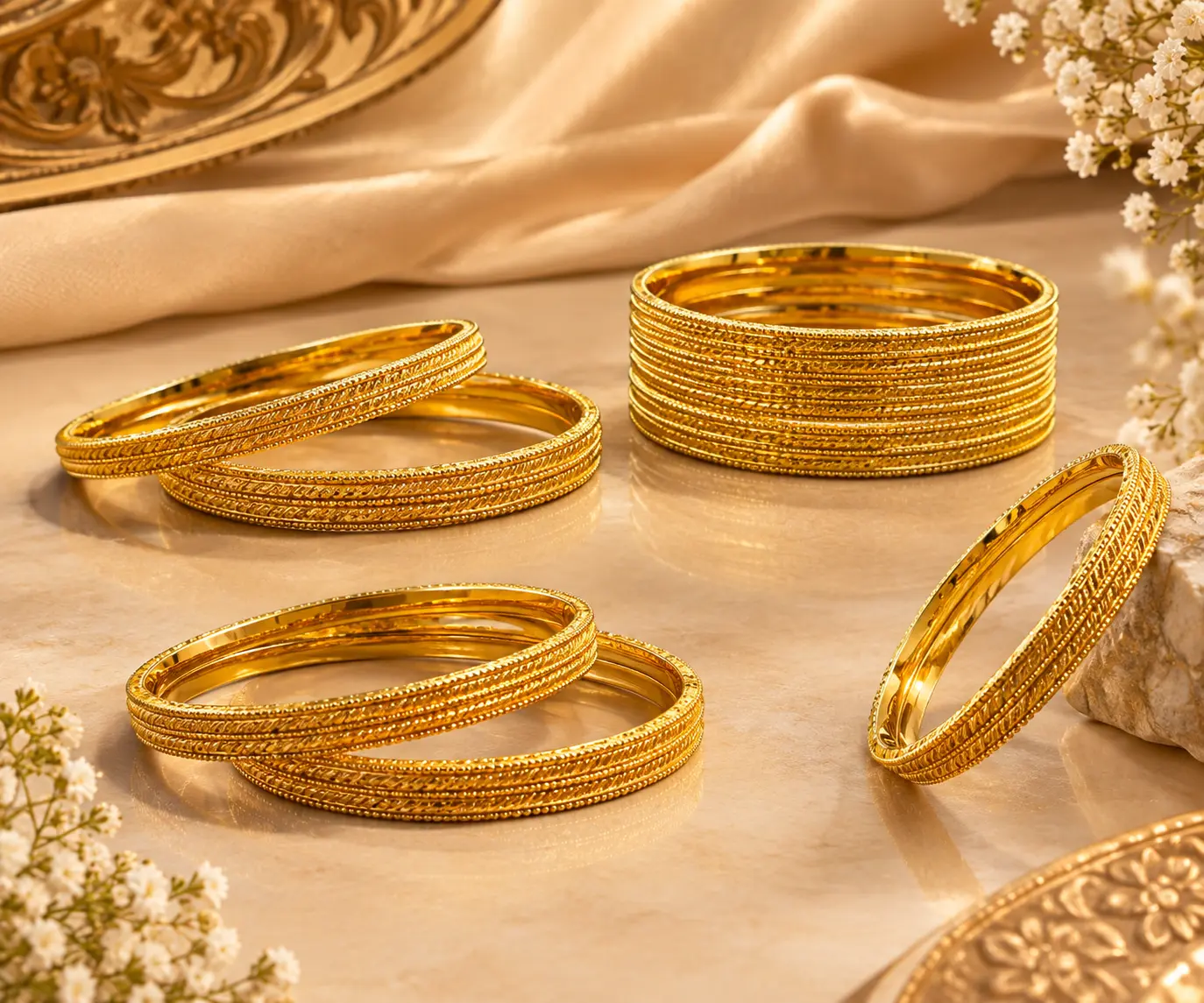 Gold-tone traditional bangles with intricate braided, beaded, and textured detailing arranged on a luxurious beige surface with soft satin fabric and white floral accents.