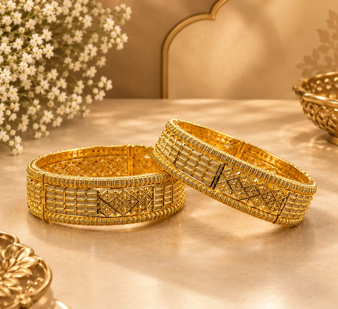 Two gold-tone traditional bangles with intricate geometric lattice patterns, beaded borders, engraved detailing, and raised ornamental accents displayed elegantly on a luxurious beige surface with soft floral and golden décor.