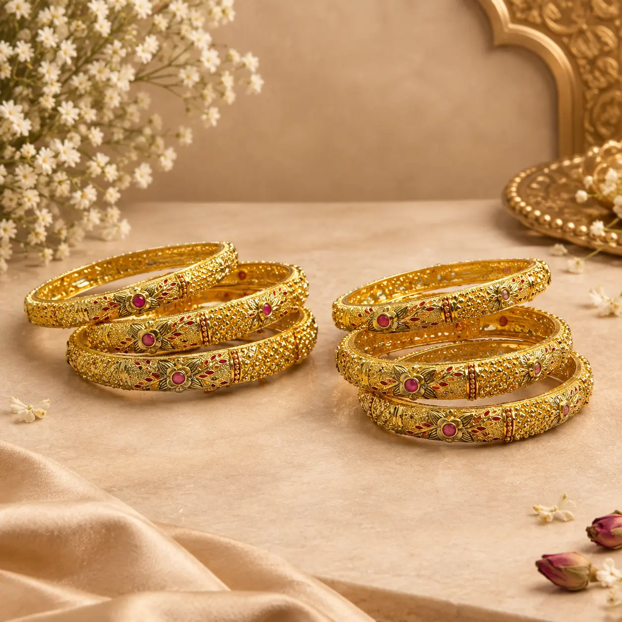Six gold-tone traditional bangles arranged in two sets of three on an elegant beige display surface, featuring intricate floral motifs, ruby-toned accents, detailed engraving, textured patterns, and ornate gold craftsmanship.