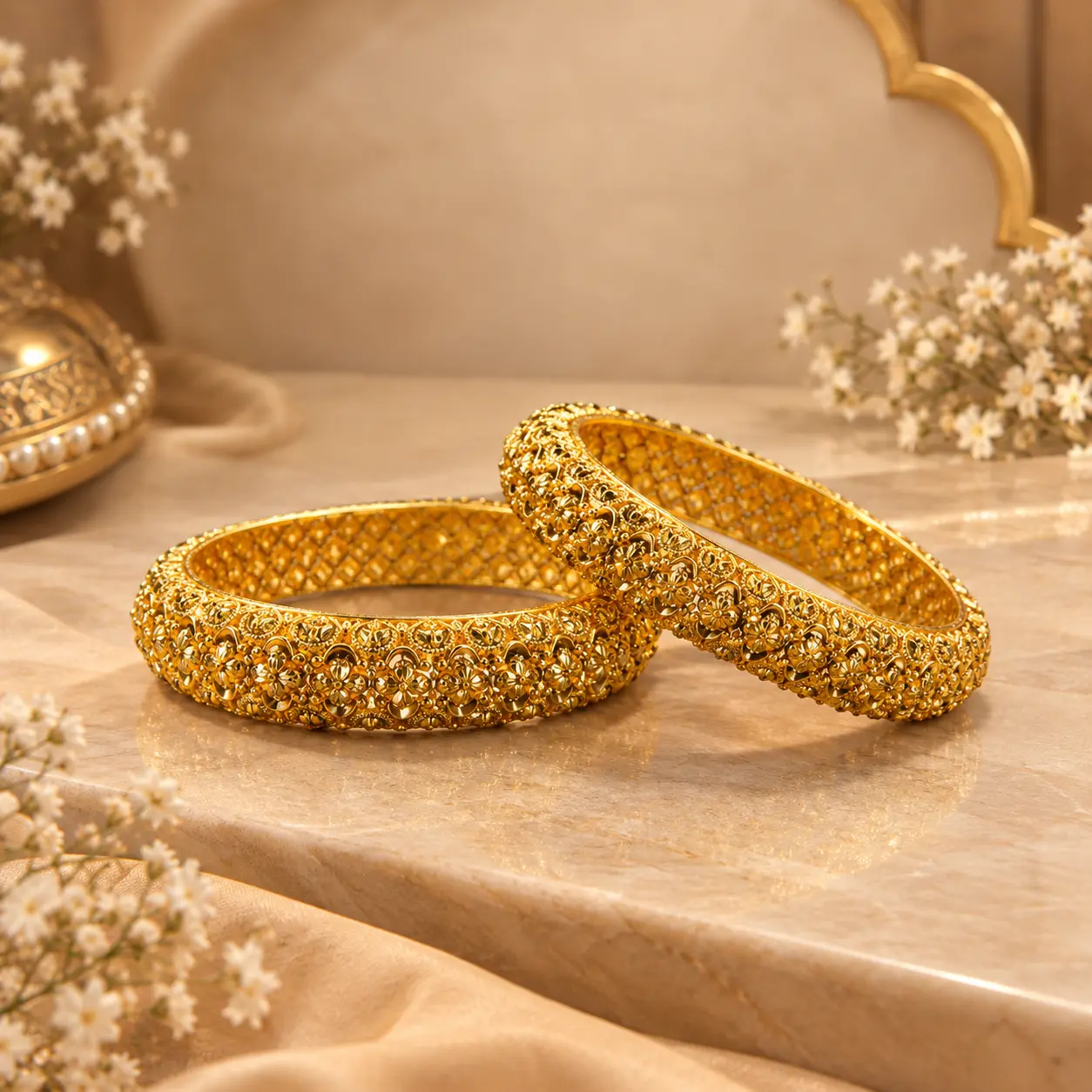 Two ornate gold-tone Gulnaar Kangan bangles displayed on a luxurious beige surface, featuring intricate flower motifs, detailed filigree work, textured patterns, and a rich traditional Indian jewellery design.