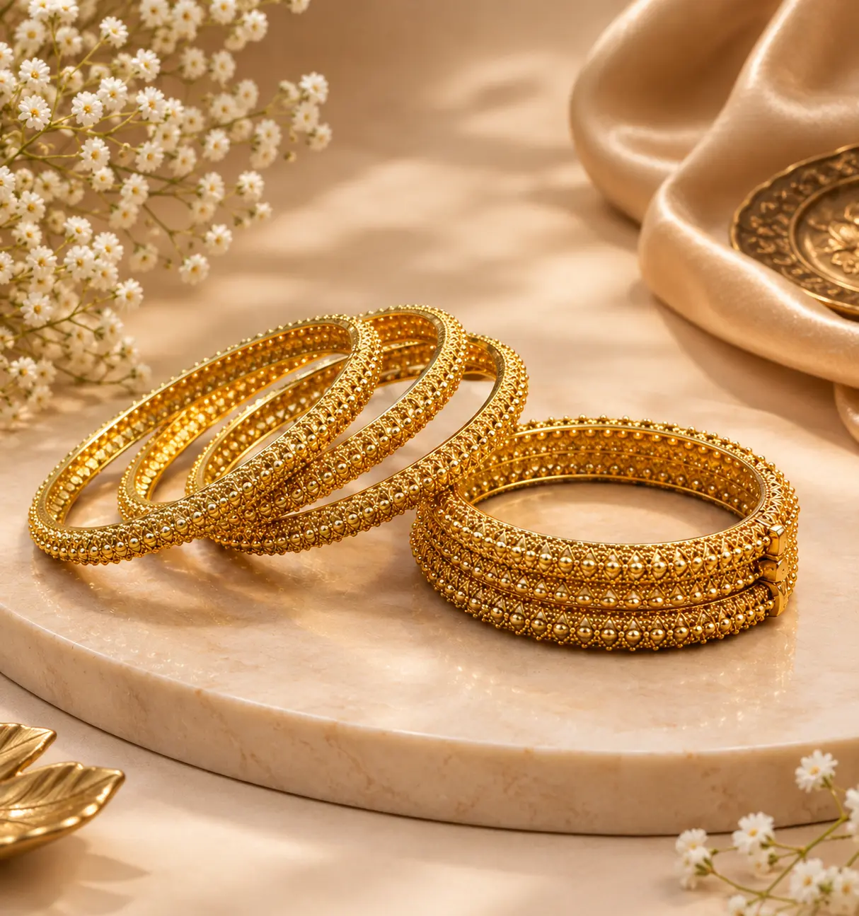 "Gold-tone designer bangles with intricate floral and geometric detailing displayed on a luxury jewellery background"