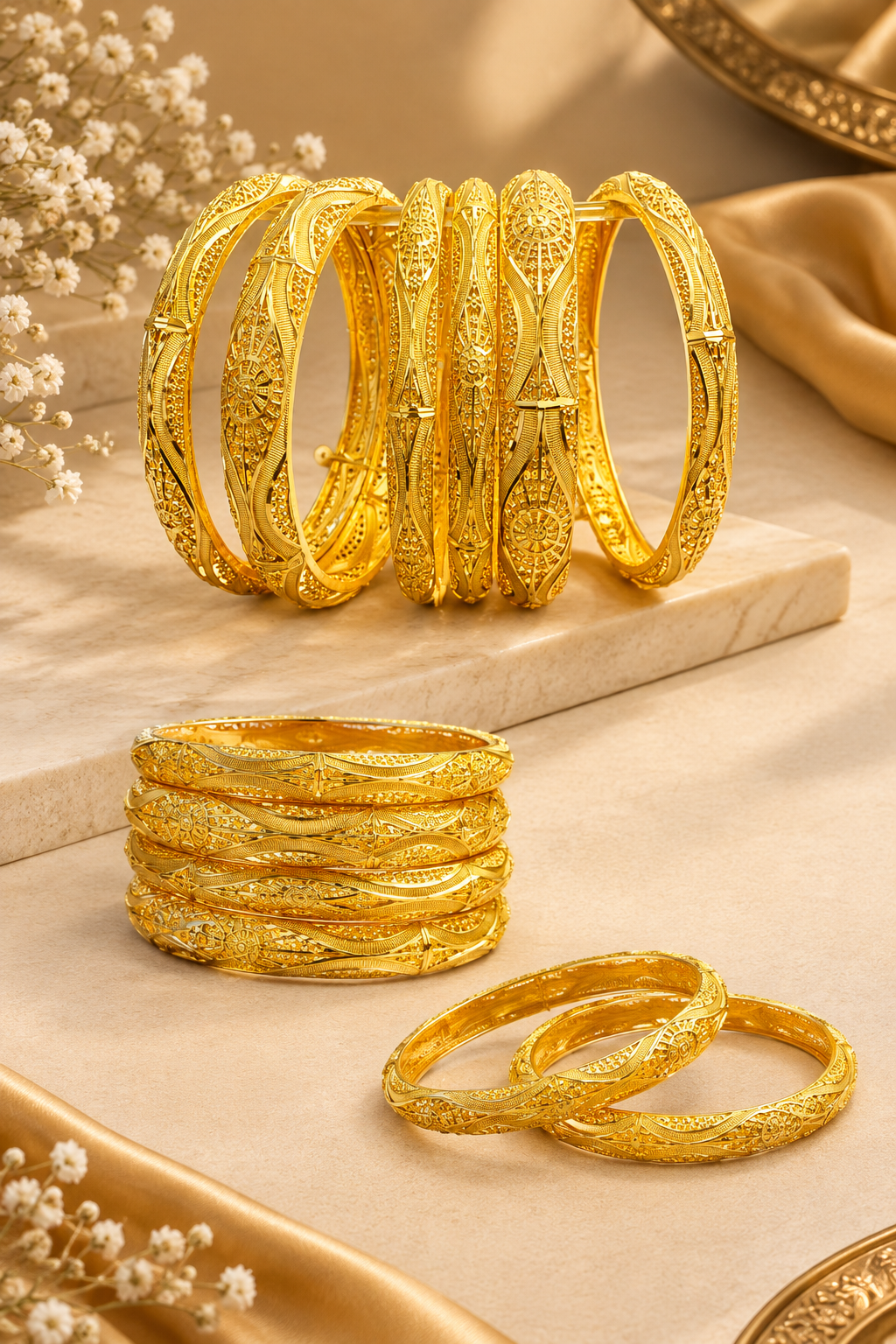 Gold-tone decorative bangles with intricate floral, geometric and engraved patterns arranged on a cream textured display surface, featuring stacked and overlapping designs in a warm luxury jewellery showcase.