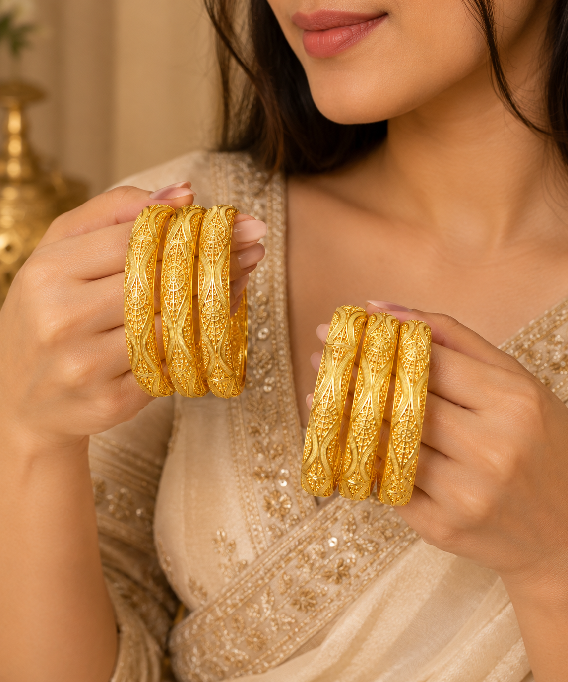 Elegant Gold-Tone Designer Bangles Set with Intricate Embossed Detailing - Image 3